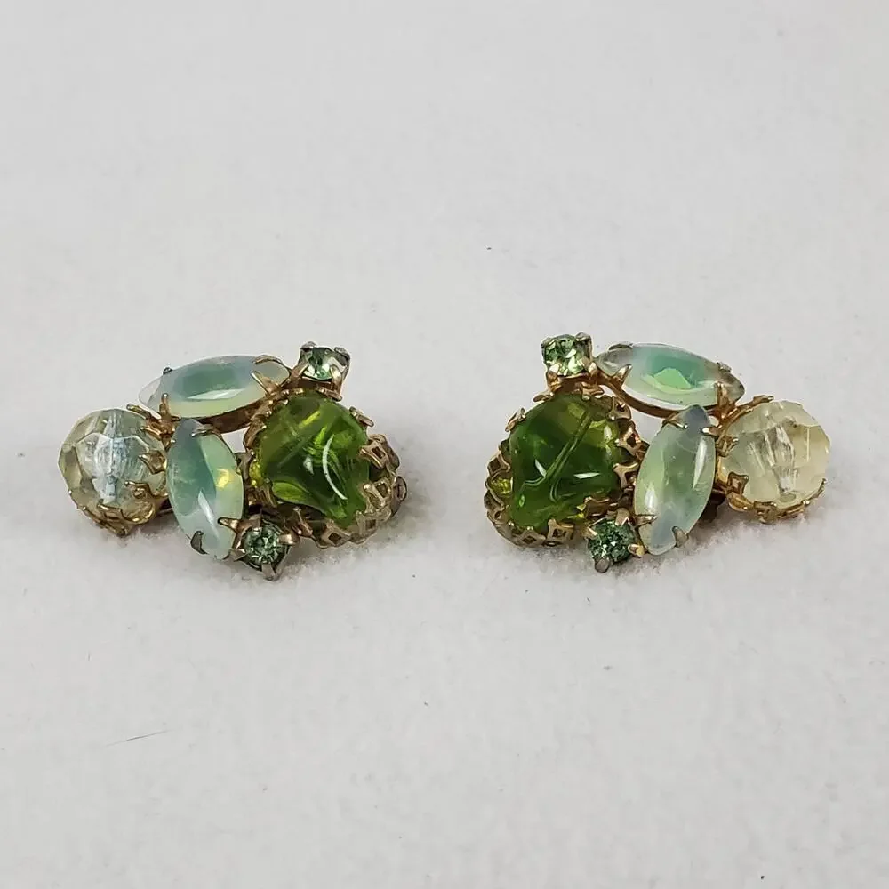 Vintage MCM Green Rhinestone Gold Tone Brooch and Earrings Set